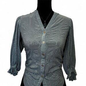 Green Democracy button up blouse with floral embroidery and ruffle sleeves